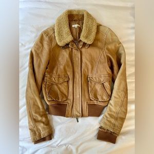Vince Tan Leather Aviator Bomber Jacket Size Medium